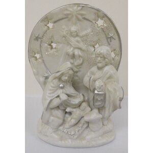 Nativity Candle Holder- Bisque Ceramic, Glittered & Silver Accents